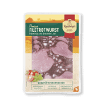 Verpackung mit Radeberger Premium Filetrotwurst: fein aufgeschnittene Wurstscheiben mit sichtbaren Fleisch- und Speckstückchen.