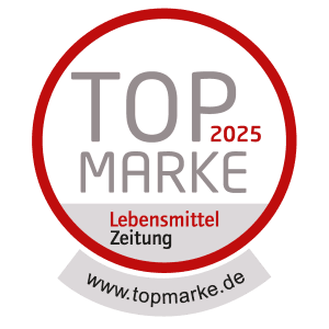 Rundes Siegel „Top Marke 2025“ der Lebensmittel Zeitung mit rotem Rahmen und Verweis auf www.topmarke.de.