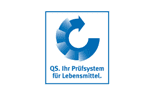 Logo des QS-Prüfsystems für Lebensmittel mit blauem Kreispfeil-Symbol.